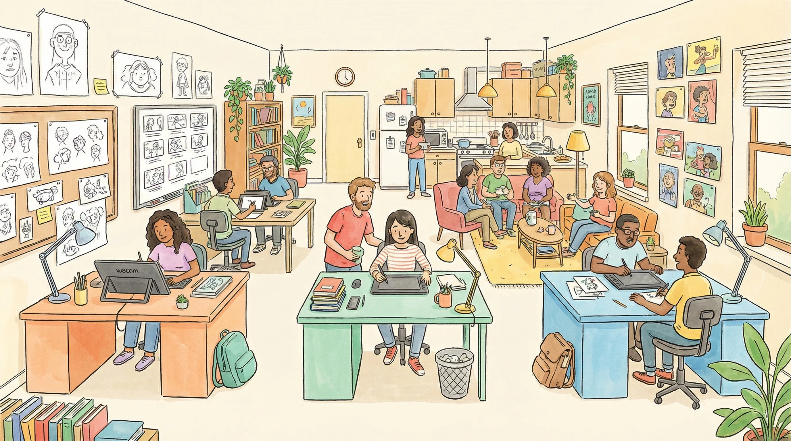 麻豆tv动画师社区工作空间插画 - 动画创作者协作交流场景