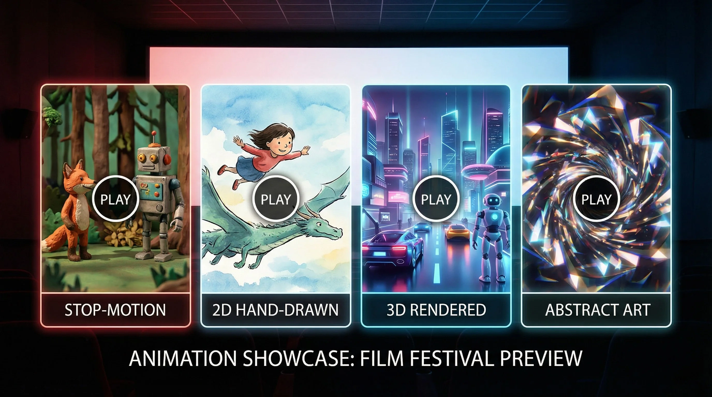 麻豆tv动画预告片合集横幅 - 定格动画、2D手绘、3D渲染、抽象艺术四种风格预览